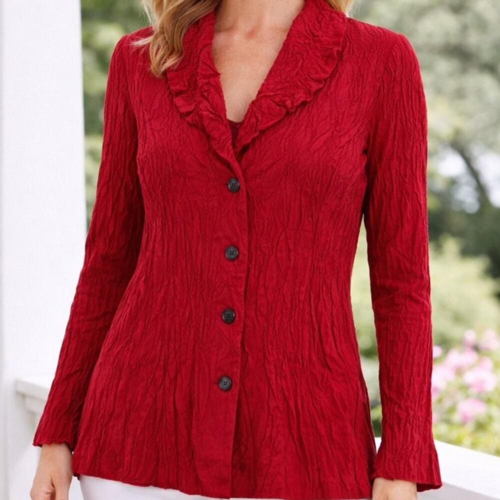 LINDI Crinkle Button Up Topper Tunic Size Small Puff collar Artsy Solid Red